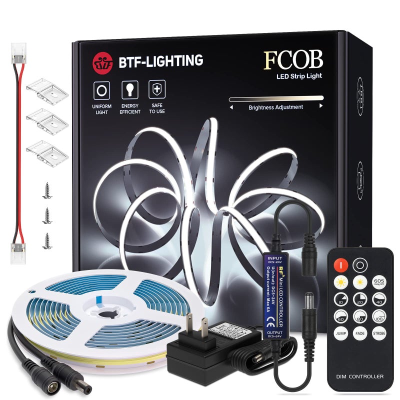 BTF-LIGHTING COB LED Strip Light 24V 16.4FT, 6000K Cool White Dimmable High Density Flexible Tape Light with Remote & Power Adapter, Ultra Bright CRI90+ for Bedroom Kitchen Home Indoor Lighting - Image 1
